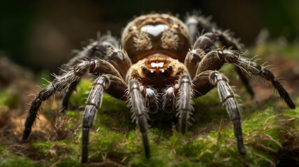 Close-Up Portrait of a Fuzzy Brown Tarantula Spider with Black Legs on Mossy Ground