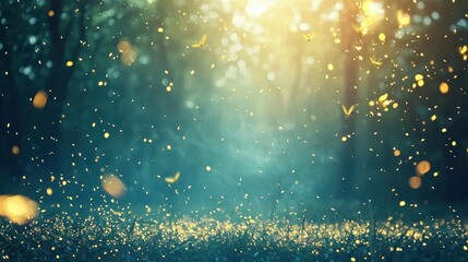 Fototapeta premium Magical Summer Forest with Fireflies and Sunlight