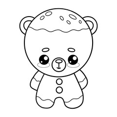 Outline Christmas gingerbread bear. Cute Festive sweet kawaii cartoon character cookie. Line drawing, coloring book. Vector illustration. Kids collection