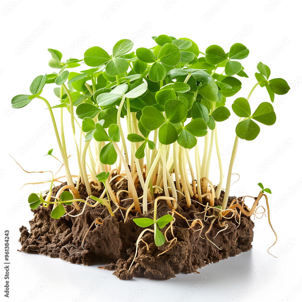 Wall mural cluster of freshly grown green clover sprouts isolated on a white background