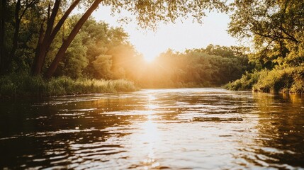 Obraz premium Golden Sunset Over Calm River in Forest
