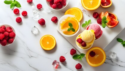 Vibrant Summer Delight: Colorful Ice Cream and Fresh Fruit on Marble Table