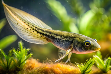 Fototapeta premium Tadpole Transformation: A close-up of a tadpole in its final stages of metamorphosis, showcasing its developing limbs and fading tail fin, a testament to nature's wonder. 