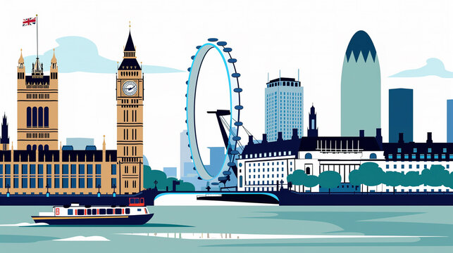 Stylized illustration of London with iconic landmarks