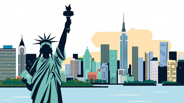 Statue of Liberty and New York City skyline in stylized design