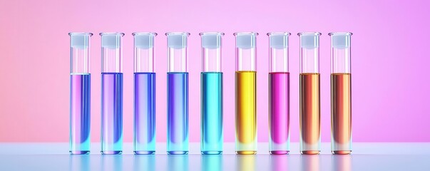Fototapeta premium Biotechnology lab featuring multi-colored glowing liquids in test tubes, representing advanced gene therapy research
