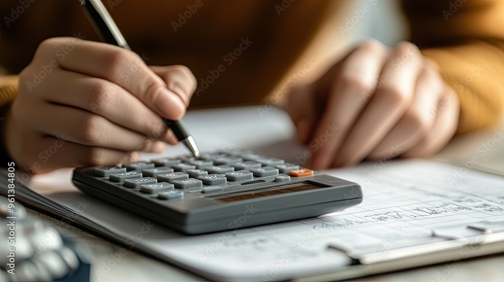 Aufkleber a person using a calculator while taking notes in a notebook.