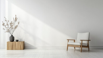 Stylish living room interior with minimalist furniture and decor. Mix of Japanese and Scandinavian minimalism composition