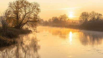 Obraz premium Misty River Sunset Landscape