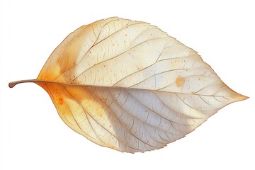 Fototapeta premium A single, dry, autumn leaf with veins and texture, isolated on white background.