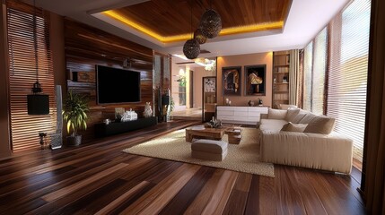 Fototapeta premium Modern Living Room with Wooden Walls Hardwood Floors and Large Windows