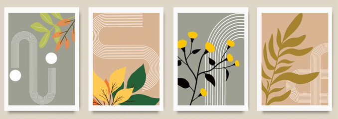 Set of minimalist abstract autumn botanical art with modern geometric style and organic plant elements. Design template for seasonal greetings and promotions, banner, ads, social media