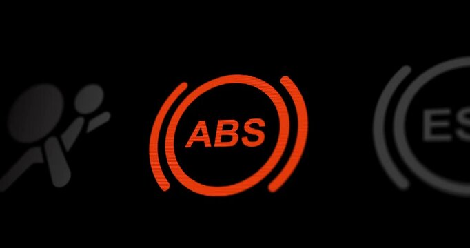 ABS brake warning light on car dashboard, car anti-lock brake system blinking icon, footage