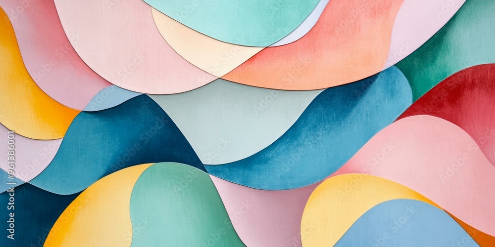 Poster abstract art with curved shapes in various colors.