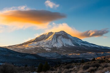Fototapeta premium Majestic Snow Covered Mountain Peak at Breathtaking Sunrise Scenic Landscape