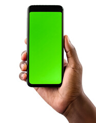 Close up of hand holding modern smart phone mockup. New modern black frameless smartphone mockup with blank green screen