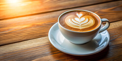 Banner image. Coffee, Cappuccino coffee in a white cup, standing on a wooden table. Favorite coffee concept in the morning.