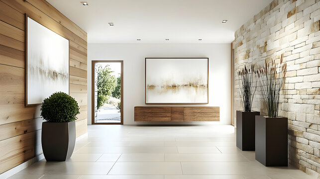 A modern entrance hall featuring wooden accents, artwork, and decorative plants.