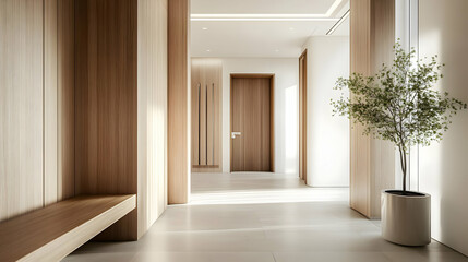 Fototapeta premium A modern interior corridor with wooden accents and a decorative plant.