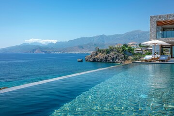 Elegant infinity pool overlooking the sea in Kalythes, Crete, with clear blue skies, distant mountains, and luxurious villas in the background, featuring a stone wall and a white umbrella.