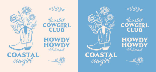 Coastal cowgirl club west coast howdy cowboy floral boots printable illustration cut file quotes sticker bundle pack. Retro boho pastel blue preppy western country girl aesthetic women shirt design.