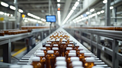Obraz premium A production line filled with amber bottles in a manufacturing facility.