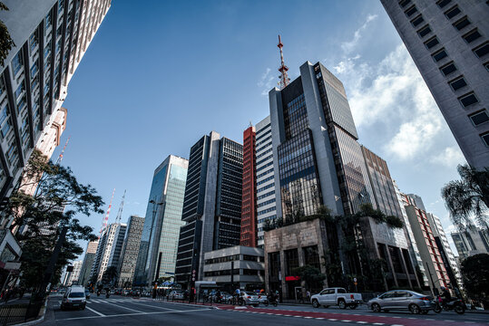 Modern Skyscrapers and Traffic on Avenida Paulista - S&atilde;o Paulo, Brazil