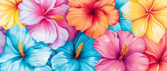 Obraz premium A vibrant arrangement of yellow, pink, orange, and blue flowers against a blue-pink backdrop