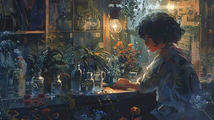 A young woman sits at a bar counter in a dimly lit room, surrounded by plants and bottles.