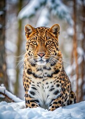 Fototapeta premium Amur Leopard Sitting in Snowy Forest, Endangered Species Photography