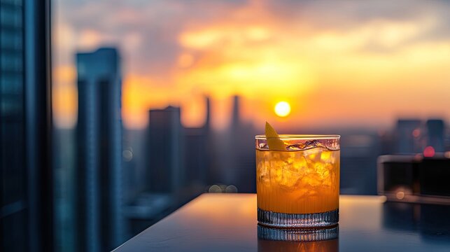 A refreshing cocktail sits on a table with a sunset view over a city skyline.