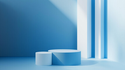 Minimalist Blue Podium with Vertical Striped Backdrop