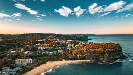 A breathtaking aerial view of Mona Vale Beach in the Northern Beaches of NSW, Sydney, Australia,...