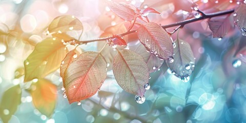 Delicate Pink and Green Leaves with Glistening Water Droplets in Soft Pastel Light
