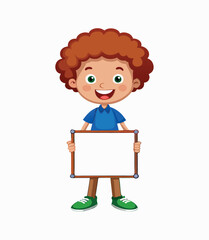 Happy cartoon boy holding blank sign board