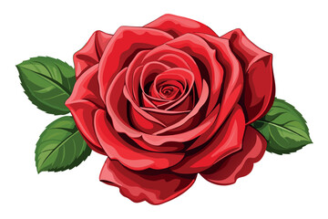 Red rose blooming with green leaves illustration