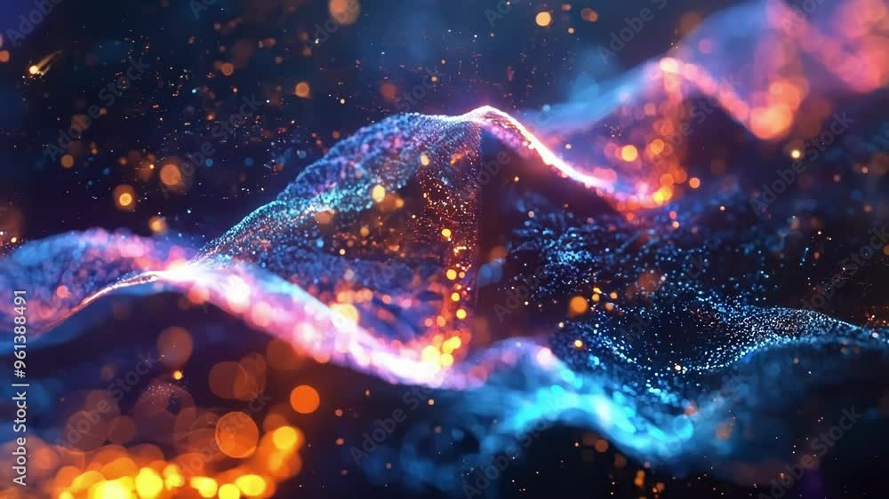 Poster luminous wave of particles is flowing in a digital space, creating an abstract and futuristic backgr