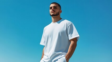 Man in a big white T-shirt posing in front of a blue background.