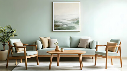 A modern living room featuring a light blue sofa, wooden furniture, and a landscape painting.