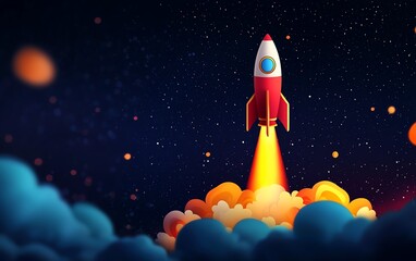 A vibrant rocket launching into space, surrounded by colorful clouds and stars, symbolizing adventure and exploration.
