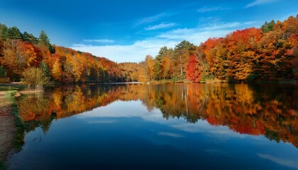 Scenic shot of a calm lake with fall reflections
