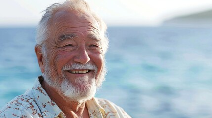 Portrait of pensive senior man at beach looking away. Proud and satisfied old man in casual enjoying summer holiday at beach. Mature retired man contemplating at sea: iImagination and future concept.