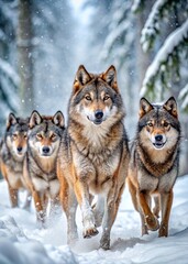 Naklejka premium Pack of Wolves Walking in Snowy Forest, Wildlife Photography