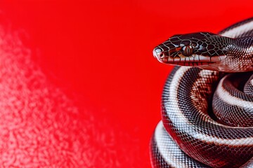 Obraz premium Close-up of a snake on a striking red background. Year of the Snake background. 