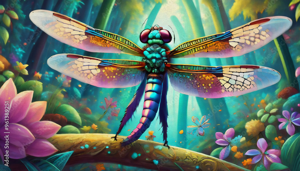 Wall mural oil painting style cartoon character dragonfly with beautiful wing