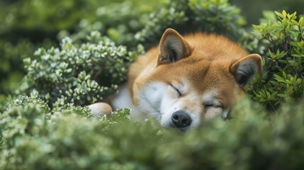 Fototapeta premium A tight shot of a dog reclining in a bush, eyes shut, and head atop it