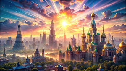 Sweeping panoramic view of a mystical metropolis, with radiant shafts of light bursting through towering spires, set amidst a kaleidoscope of pastel hues at dawn