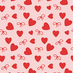 Seamless pattern for fabric and textile. Red heart and red bow on pink background. Print for packaging and wrapping paper. Vector illustration. Ornament for gift bag. Bright background with hearts.