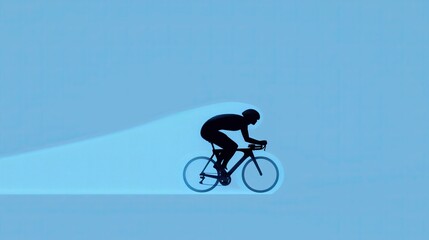 Fototapeta premium Minimal art, cyclist in silhouette speeding with motion blur against a blue background, representing speed and energy