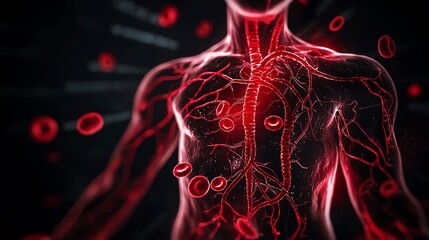 An artistic representation of the human circulatory system, highlighting blood vessels and red blood cells in vivid detail.